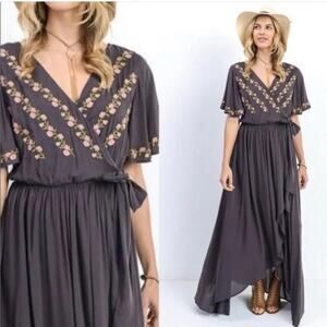 Jodifl Hi Low Embroidered Charcoal Flowy Boho Dress 1x New Faux‎ Wrap Floral